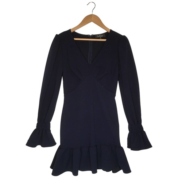 Lulus Womens Medium Style And Flare Ruffled Long Sleeve Mini Dress Navy Blue - Picture 2 of 16